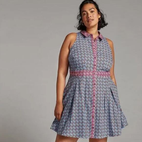 ANTHROPOLOGIE x MAEVE Buckley Geometric Shirt Mini Dress Blue Pink Sz 2 {K17} - Picture 1 of 6